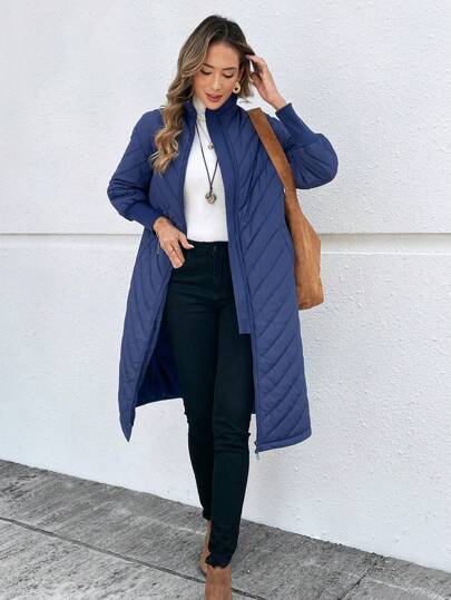 SHEINNeu Women Casual & Commute Quilted Grandma Style Padded Coat, High Collar, Dual Zipper Pockets, Navy Blue Basic Outwear