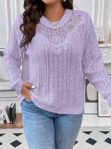 Vionelle Plus Size Solid Color Lace Patchwork Sweater, Casual Autumn/Winter Knit Pullover Fall - Purple - View 5