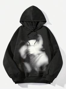 SHEIN EZwear 休闲人像字母图案抽绳连帽衫，宽松女式长袖卫衣，适合秋冬季穿着 - 黑色 - 查看 1