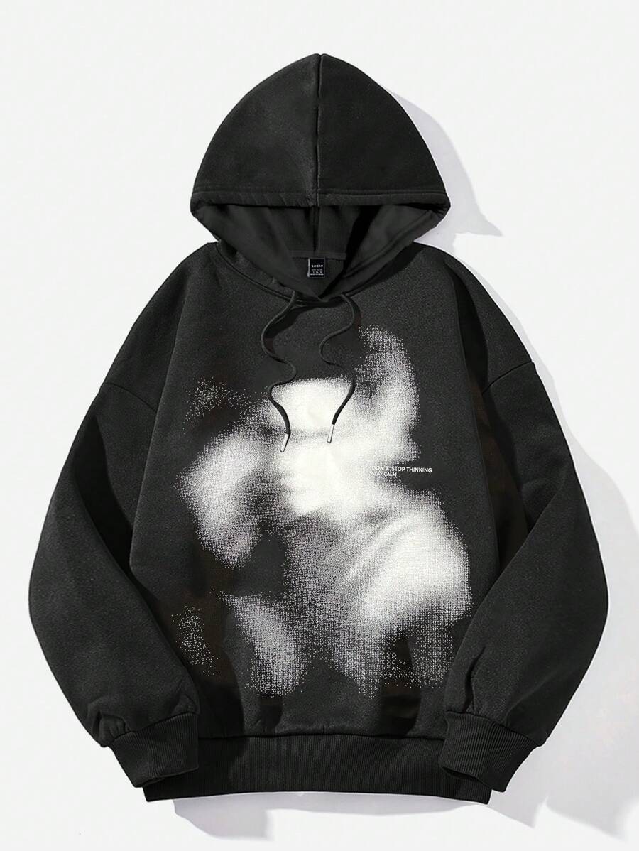 SHEIN EZwear 休闲人像字母图案抽绳连帽衫，宽松女式长袖卫衣，适合秋冬季穿着 - 黑色 - 查看 1