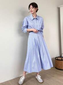 女士长袖衬衫和条纹裙两件套家居服套装 - 藍色 - 查看 6