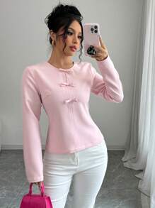 Selianne 女士纯色圆领优雅休闲通勤圣诞约会可爱蝴蝶结装饰衬衫春秋长袖上衣 - 淺粉色 - 查看 1