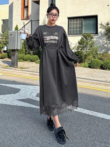 DAZY Vestido de sudadera con estampado y cintura suelta para mujer, ropa de otoño