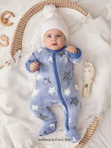 Cozy Pixies Newborn Baby Boy Star Pattern 3D Ear Hooded Long Sleeve Romper And Pants Set, Casual All-Match Thick Warm Outfits For Autumn/Winter - Blue - View 3