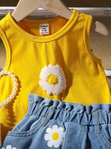 SHEIN 2pcs/Set Baby Girls Casual Daisy Flower Embroidery Camisole Top & Mini Skirt Set, Fashionable Street Style, Suitable For Outings, Spring & Summer - Yellow - View 4