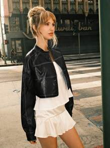 SHEIN EZwear 黑色 PU 对比色侧缝插肩袖短款夹克 - 黑色 - 查看 1