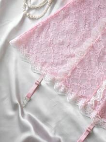 3 piezas Camisón romántico de encaje con parches y lazo floral sexy para mujer, en rosado y blanco