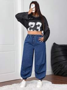 SHEIN EZwear 大码紧身锥形宽松牛仔裤，蓝色 - 藍色 - 查看 5