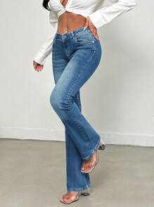 EURMUSE Solid Color Skinny Pocket Casual Versatile Washed Flare Jeans - Medium Wash - View 4