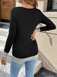 SHEIN Maternity Autumn Contrast Color Side Button Long Sleeve Casual T-Shirt