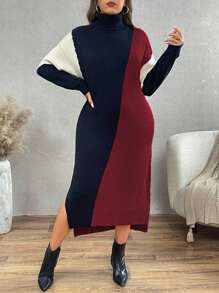 Calvaya 大码纯色拼接高领长袖简约休闲毛衣连衣裙，适合冬季 - 彩色 - 查看 6