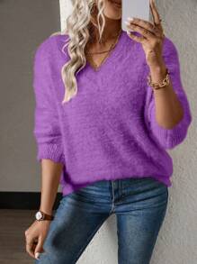 SHEIN LUNE Women Casual Solid Color Drop Shoulder Fuzzy Sweater, Autumn/Winter Knit Pullover Fall Outfit