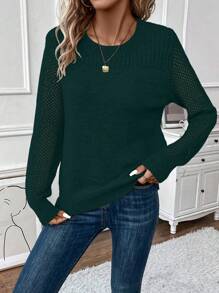 SHEIN LUNE 1pc Women's Solid Color Round Neck Hollow Out Long Sleeve Casual Sweater, Autumn/Winter Knit Pullover Fall Outfit