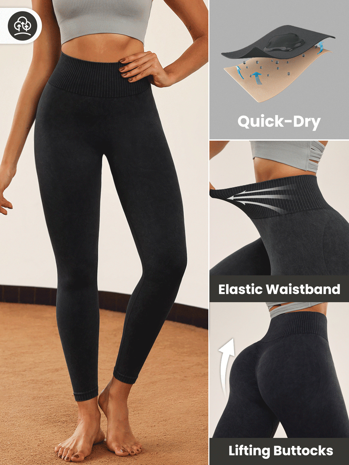 SHEIN Sports 女士高腰纯色无缝紧身裤，适合日常锻炼，随机印花 - 黑色 - 查看 2