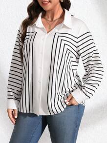 SHEIN LUNE Plus Size Women Woven Geometric Print Christmas Casual Shoes Earrings And Regular Spring/Autumn Long Sleeve Shirt - Cream - View 4