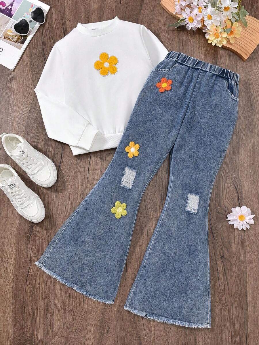 Sparklyn 2 pièces Ensemble de tenues pour jeune fille avec sweat-shirt blanc à fleurs et jean en denim évasé bleu, automne/hiver - Blanc - Voir 1