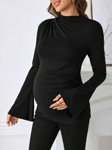 SHEIN Áo thun bà bầu cổ đứng tay loe màu nâu, áo thun bà bầu dáng ôm cho mùa thu - màu đen - Xem 1