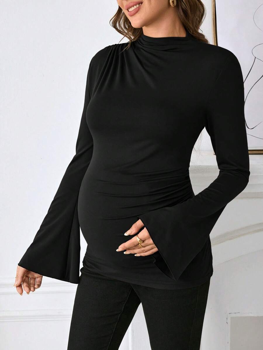 SHEIN Áo thun bà bầu cổ đứng tay loe màu nâu, áo thun bà bầu dáng ôm cho mùa thu - màu đen - Xem 1