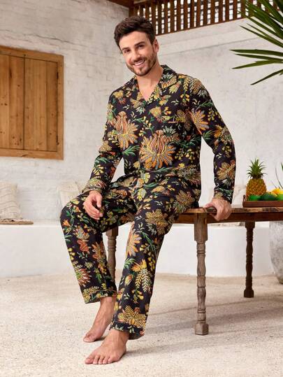 Manfinity ChillVibe Conjunto de pijama informal de pantalón y parte superior con estampado todo sobre todo para hombres, para otoño