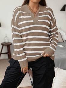Flirla Plus Size Women French Style Striped Turn-Down Collar Pullover Knit Sweater For Autumn, For Winter - Khaki - View 5
