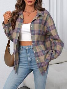 INAWLY 女士休闲格子长袖衬衫，秋季 - 紫色 - 查看 5