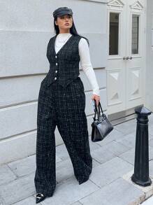 Calvaya 大码时尚背心和休闲裤套装，秋季 - 黑色 - 查看 6