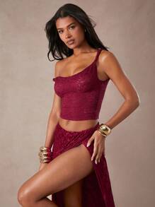 Hauture Solid Color Asymmetric Collar Lace Sexy Sleeveless Top - Burgundy - View 3