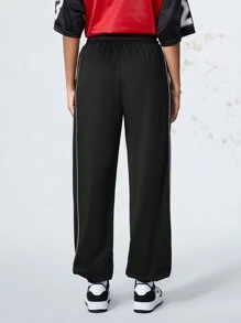 SHEIN Sports 女士撞色条纹前系带休闲运动裤 - 黑色 - 查看 2