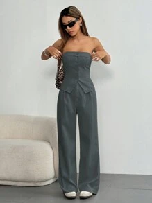 Flirla Set de 2 piezas con top con tirantes abotonado y pantalones de estilo casual, diario, de commute y de compras en color gris
