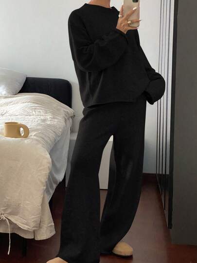 DAZY 2 件套女士休闲简约纯色落肩宽松套头衫和阔腿裤套装秋冬