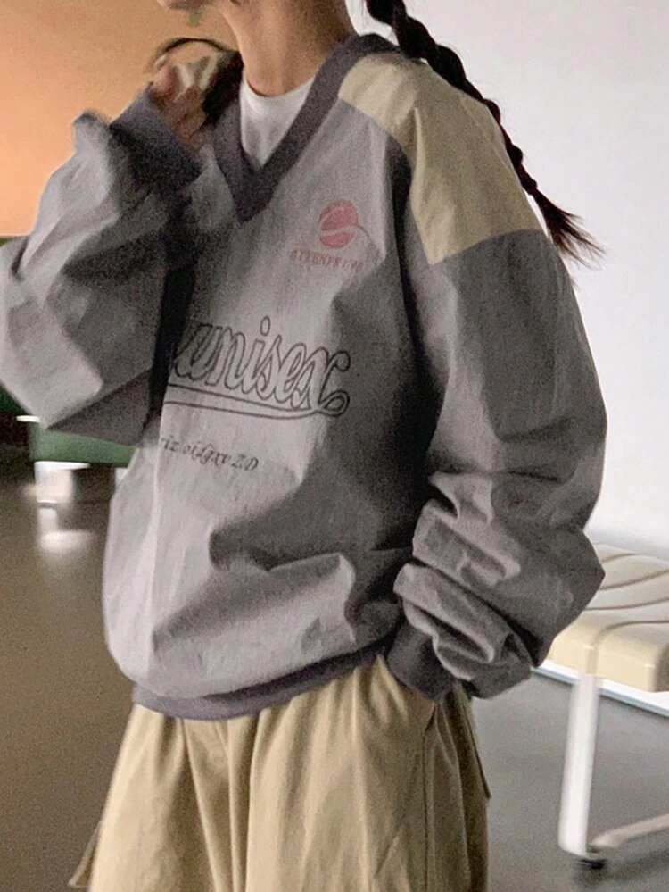 Women Contrast Color Letter Print Loose Pullover Shirt, Spring/Summer/Autumn,Fall Women Clothes Long Sleeve Top Graphic Tee