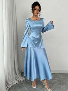 Elenzga Elegant Long Dress With Ruched Neck And Fishtail Hem Maxi Satin Women Outfit