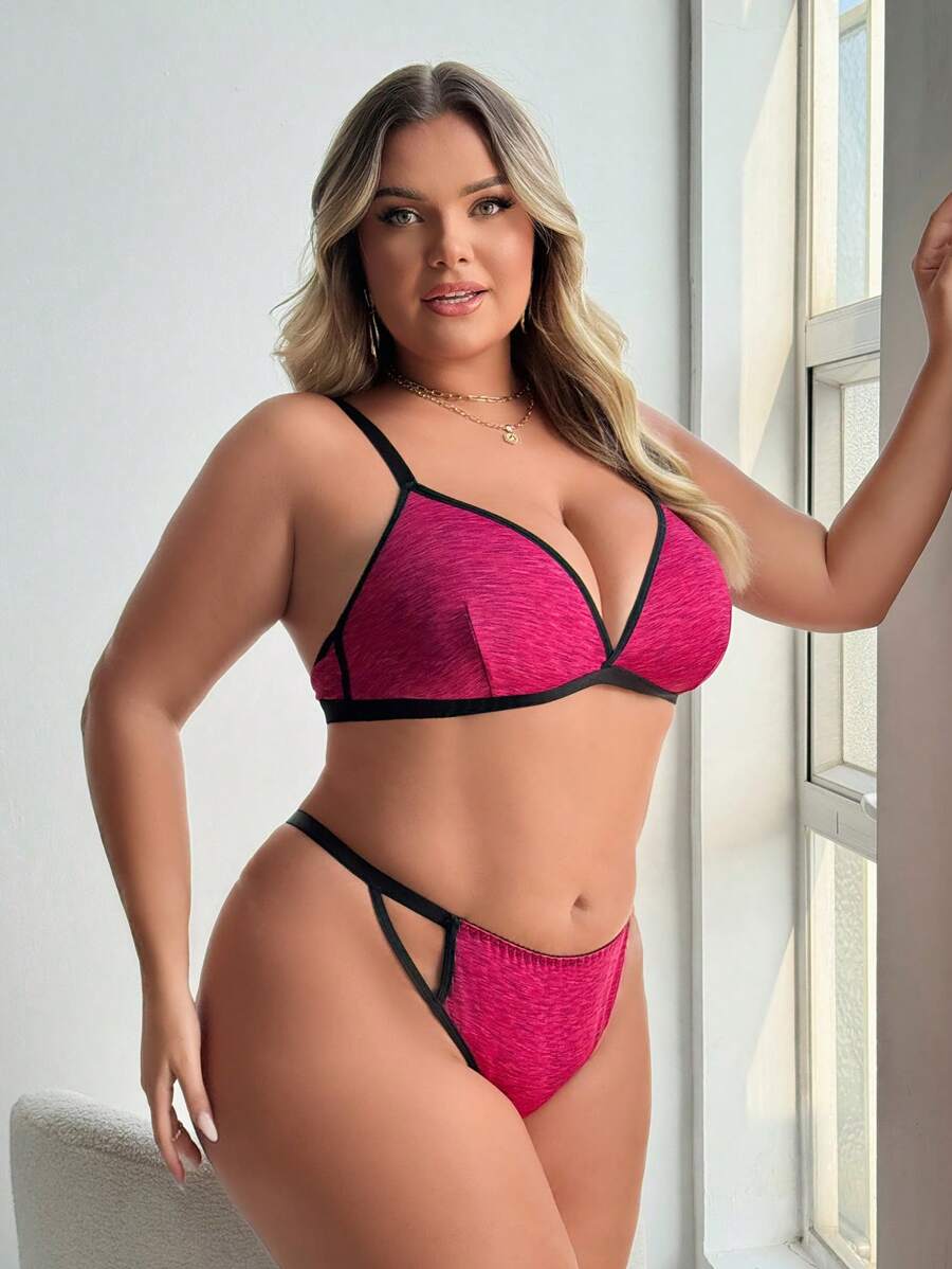 Set de sujetador y pantie de tallas grandes con tirantes de espagueti y borde de contraste sin aros - Rojo violeta - Ver 1