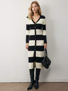 BizChic Vestido de suéter tejido a rayas blancas y negras casual y elegante para mujer, de manga larga, para usar en la oficina o de vacaciones, apto para primavera/verano - Blanco y Negro - Ver 8