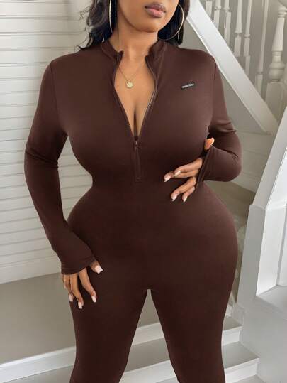 SHEIN SXY Plus Size Women's Sexy Basic Skinny Long-Sleeved V-Neck Zip-Up Jumpsuit, Suitable For Shopping, Streetwear, Going Out, Easy To Match&Looks Slim, Flatter The Figurefall Clothes Women