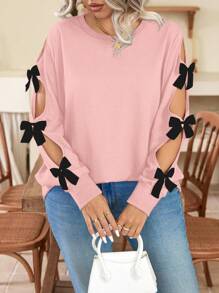 SHEIN Clasi 大码圆领时尚蝴蝶结装饰镂空长袖休闲套头卫衣 - 粉色 - 查看 5