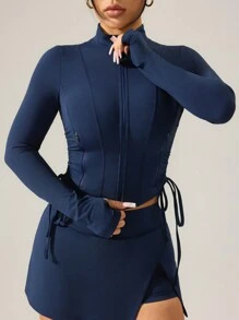 SHEIN Sports Solid Color Stand Collar Zip-Up Pockets Slim Fit Long Sleeve Athletic Jacket