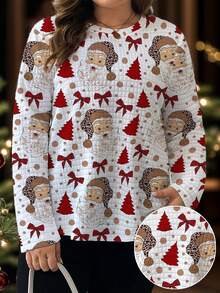 SHEIN LUNE Áo thun cổ tròn tay dài in họa tiết ông già Noel họa tiết Giáng sinh thoải mái, rộng rãi, size lớn dành cho nữ - Nhiều màu - Xem 4