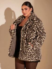 SHEIN BAE Plus Size Women Elegant Gangster Wife Luxurious Leopard Print Lapel Long Sleeve Warm Fluffy Mid-Length Coat For Autumn/Winter