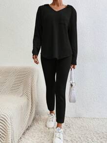 SHEIN Cottnline Cotton Ribbed Knit Drawstring Hooded Tee & Leggings - Black - View 1