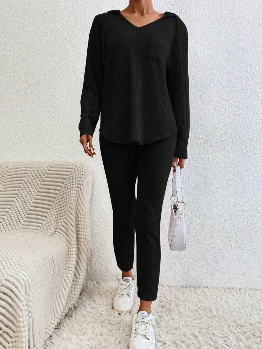 SHEIN Cottnline Cotton Ribbed Knit Drawstring Hooded Tee & Leggings - Black - View 1