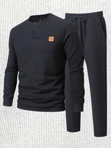 Manfinity Homme 2pcs Men's Autumn Letter Print Half-Placket Raglan Sleeve Sweatshirt & Sweatpants Casual Set - Black - View 1