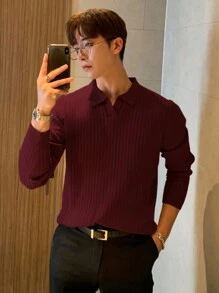 DAZY 秋冬男士经典纯色休闲针织毛衣 - 紅色 - 查看 3