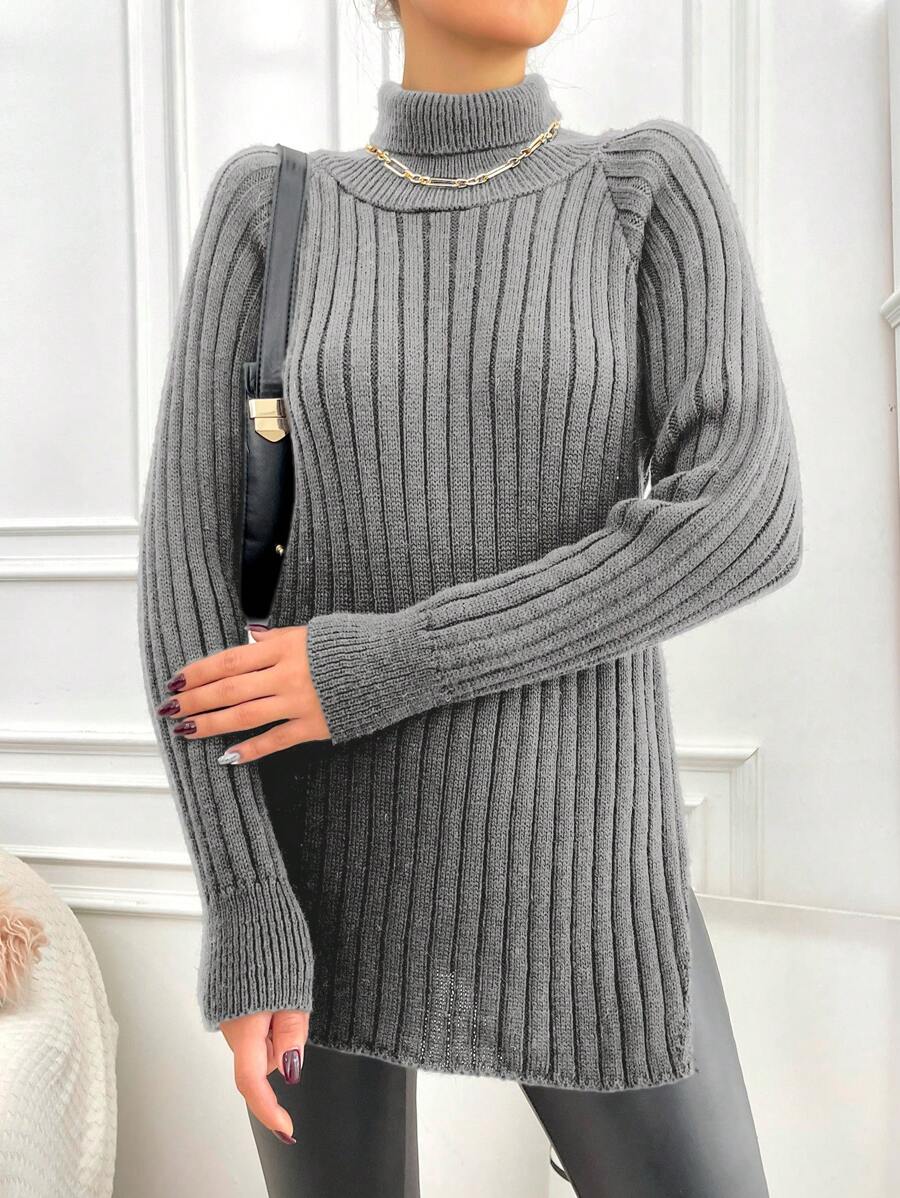 EURMUSE Women Solid Color Turtleneck Ribbed Casual Pullover Sweater - Light Grey - View 1
