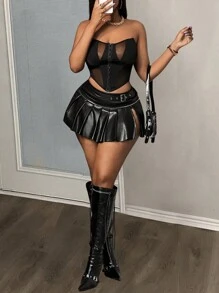 Slaydiva 感恩节弹力性感透视网纱拼接纯色女士上衣，节日派对街头风，百搭设计 - 黑色 - 查看 3