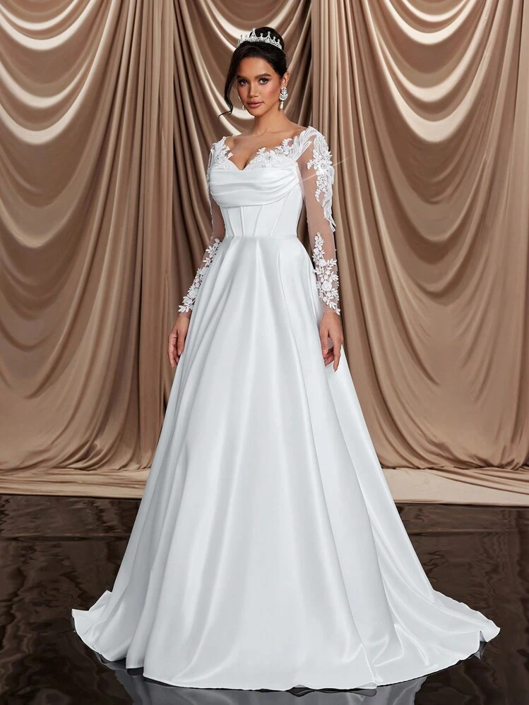 Glamrae Elegante, hermoso y lujoso vestido de novia de satén beige con mangas largas transparentes, bordado de cristales y perlas falsas, aplicaciones de encaje, volantes en el bajo y tren desmontable, adecuado para bodas, fiestas, vacaciones, vestidos de novia, novia, para el Día de San Valentín - Beis - Añade 6