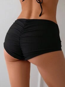 Women's Plain Color Shorts Style Bottom Swimwear, Adult Beach Holiday Swim Bottoms Summer - Black - View 2