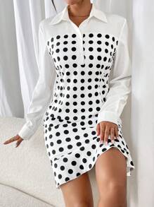 SHEIN Clasi Vestido mujer de 2 en 1 con camisa de cuello corto a lunares y contraste de color