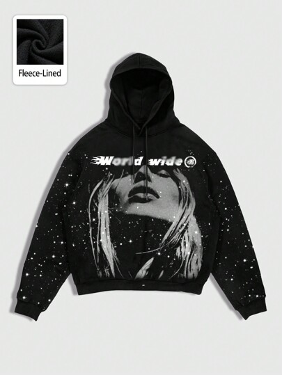 Street Life Sudadera con capucha informal para hombres con cordón y estampado de retrato y letras, otoño