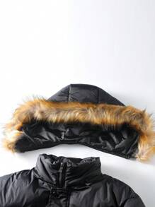 Manfinity Homme Men's Solid Color Fluffy Patchwork With Pockets Long Sleeve Padded Coat, Winter Going Out Casual Color Block Quilted Winter Coat, For Friends, Husband, Boyfriend Gifts - Black - View 6